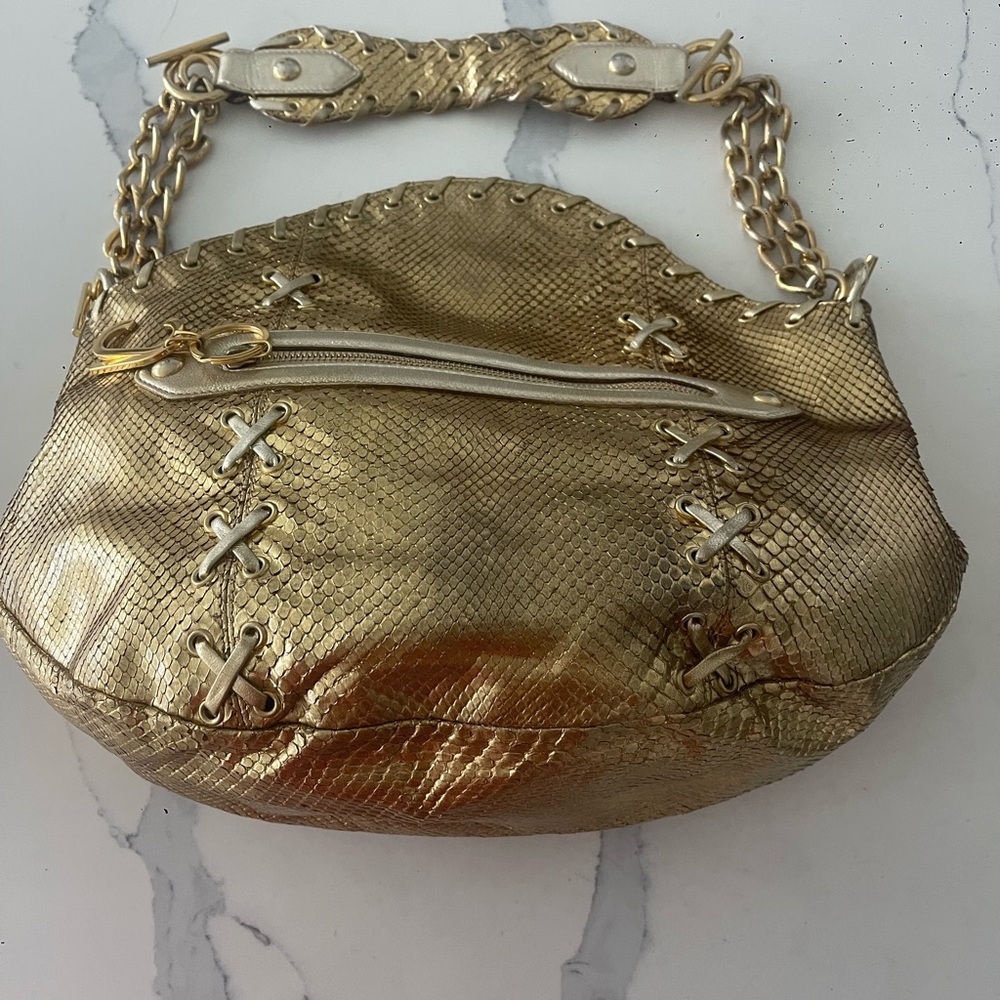 Roberto Cavalli Genuine Python Gold Metallic Chain Bag Rare Vintage Y2K